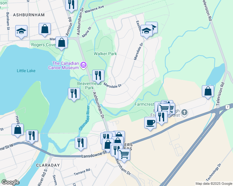 map of restaurants, bars, coffee shops, grocery stores, and more near 2624 Ridgetop Crescent in Peterborough