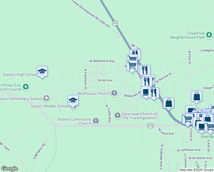 map of restaurants, bars, coffee shops, grocery stores, and more near 1255 McKinney Butte Road in Sisters