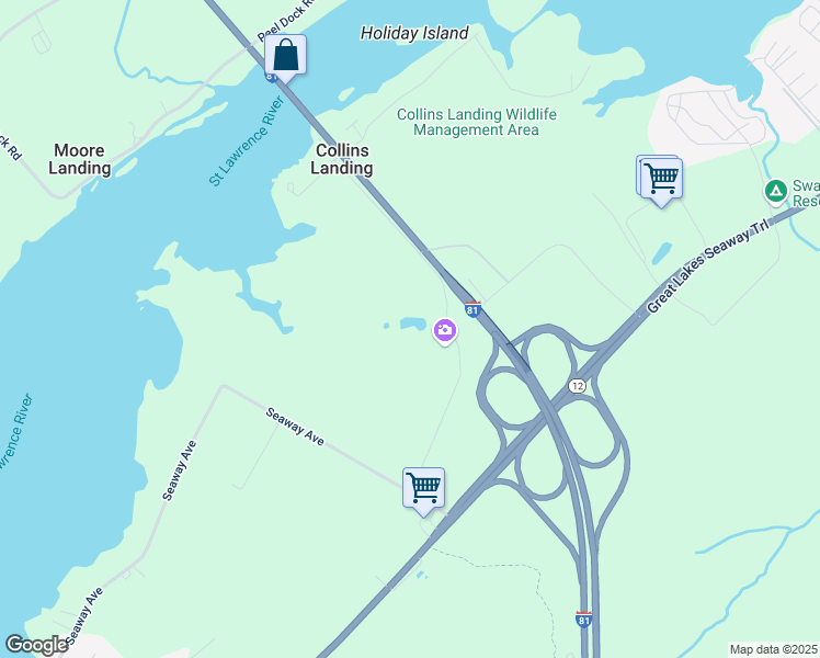 map of restaurants, bars, coffee shops, grocery stores, and more near 43373 Collins Landing Road in Alexandria Bay