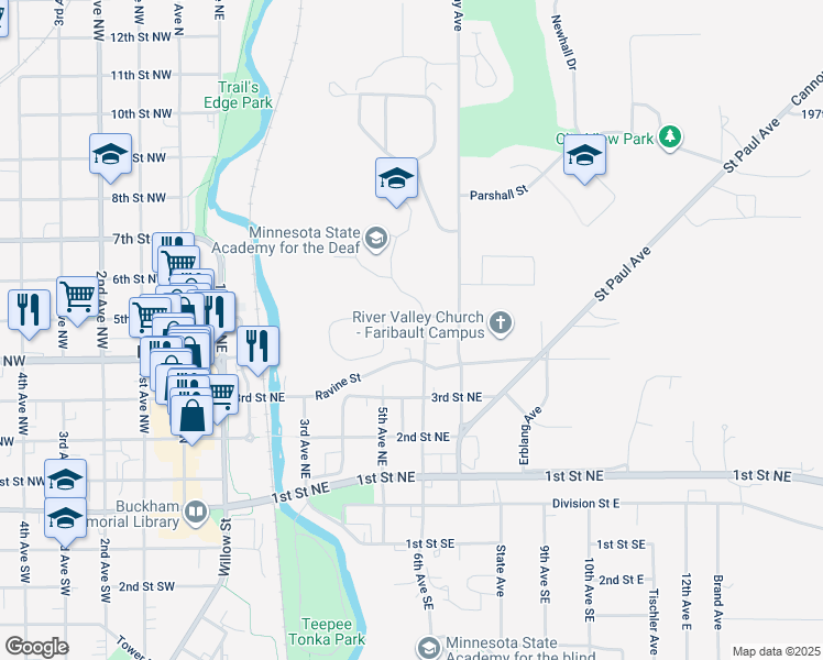 map of restaurants, bars, coffee shops, grocery stores, and more near 525 5th Street Northeast in Faribault