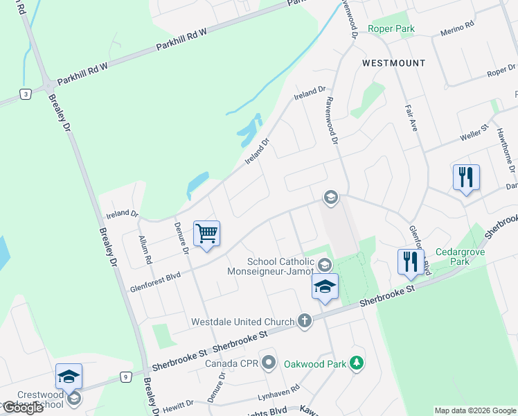 map of restaurants, bars, coffee shops, grocery stores, and more near 1676 Glenforest Boulevard in Peterborough