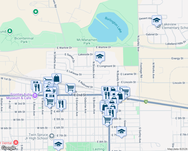 map of restaurants, bars, coffee shops, grocery stores, and more near 511 East Lincoln Street in Gillette