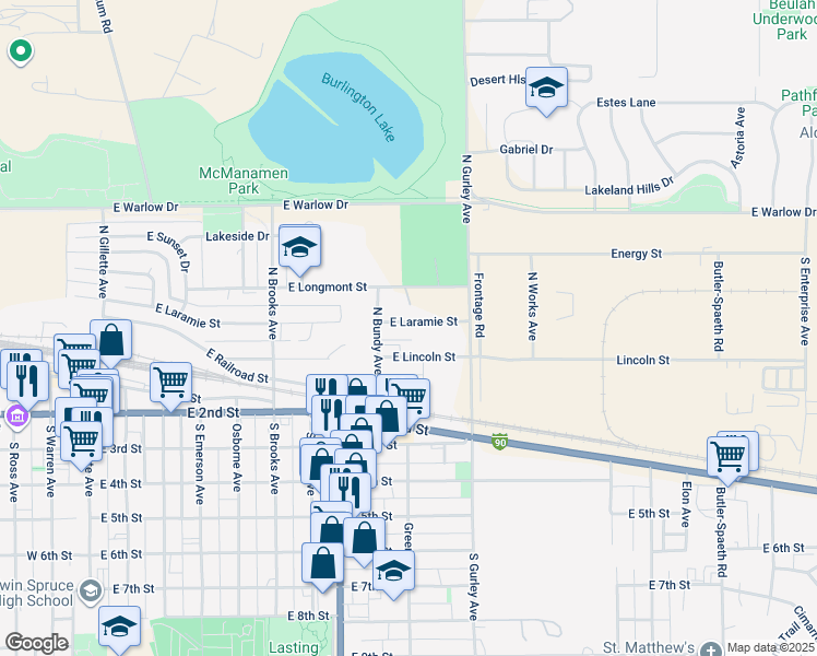 map of restaurants, bars, coffee shops, grocery stores, and more near 815 East Lincoln Street in Gillette