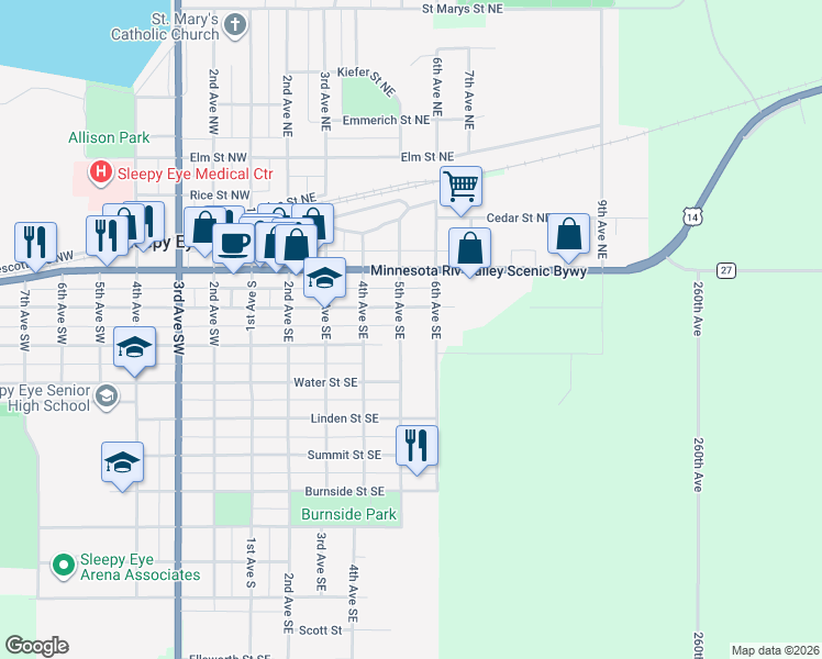 map of restaurants, bars, coffee shops, grocery stores, and more near 301 5th Avenue Northeast in Sleepy Eye