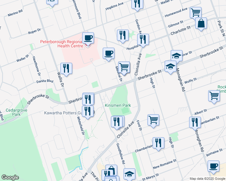 map of restaurants, bars, coffee shops, grocery stores, and more near 791 Sherbrooke Street in Peterborough