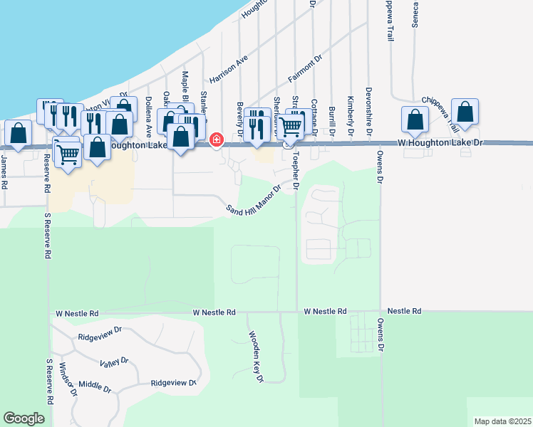 map of restaurants, bars, coffee shops, grocery stores, and more near 100-144 Frisco Dr in Denton Township