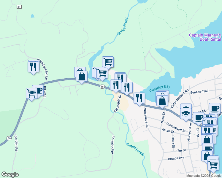 map of restaurants, bars, coffee shops, grocery stores, and more near 1097 New York 86 in Essex County