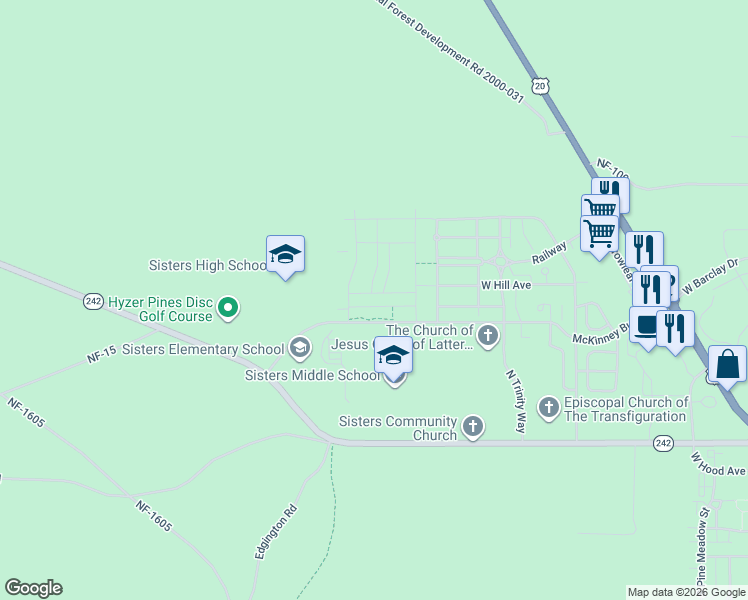 map of restaurants, bars, coffee shops, grocery stores, and more near 1717 West Hill Avenue in Sisters