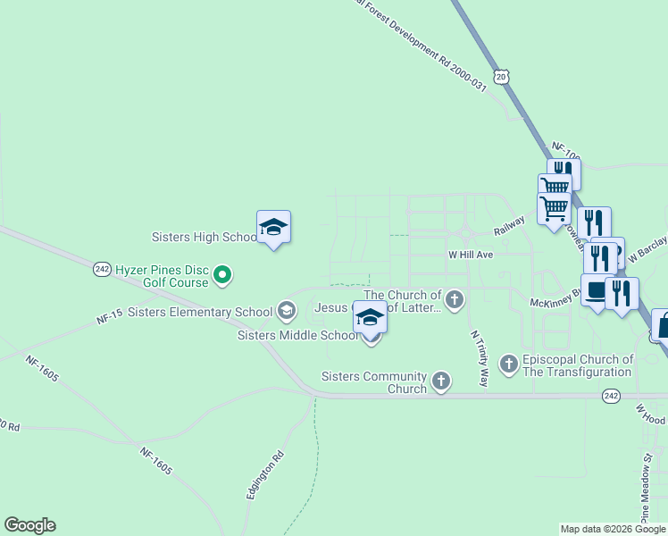 map of restaurants, bars, coffee shops, grocery stores, and more near 1307 McKinney Butte Road in Sisters