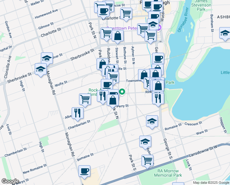 map of restaurants, bars, coffee shops, grocery stores, and more near 53 Park Street North in Peterborough