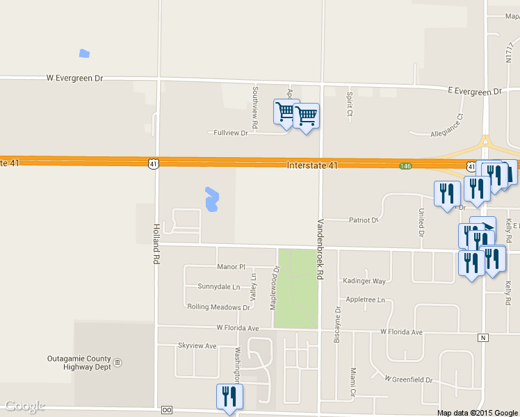 map of restaurants, bars, coffee shops, grocery stores, and more near W2760 West Elm Drive in Little Chute