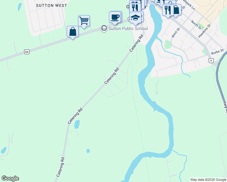 map of restaurants, bars, coffee shops, grocery stores, and more near 99 Catering Road in Georgina