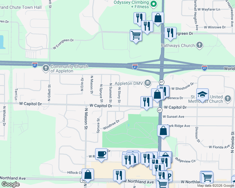 map of restaurants, bars, coffee shops, grocery stores, and more near 3516 Summit Street in Appleton