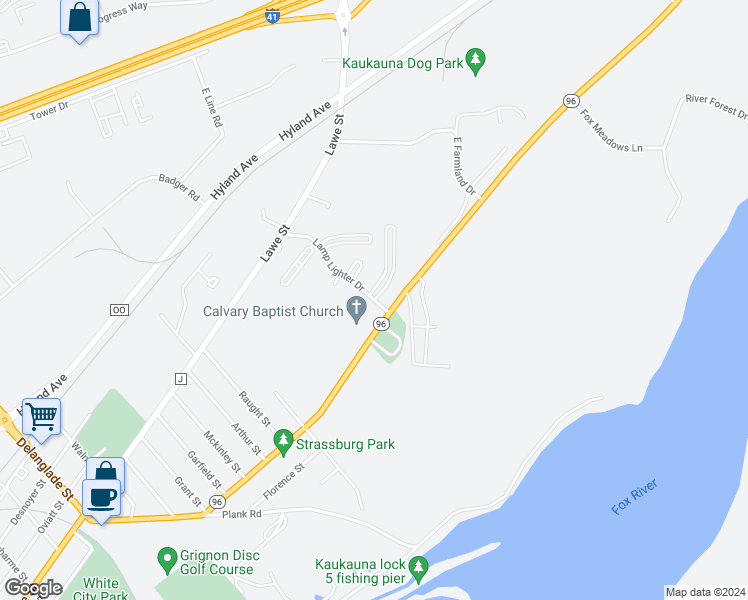 map of restaurants, bars, coffee shops, grocery stores, and more near 160 Lamp Lighter Drive in Kaukauna