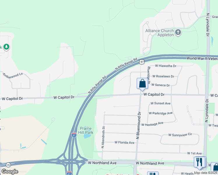 map of restaurants, bars, coffee shops, grocery stores, and more near 3540 West Capitol Drive in Appleton