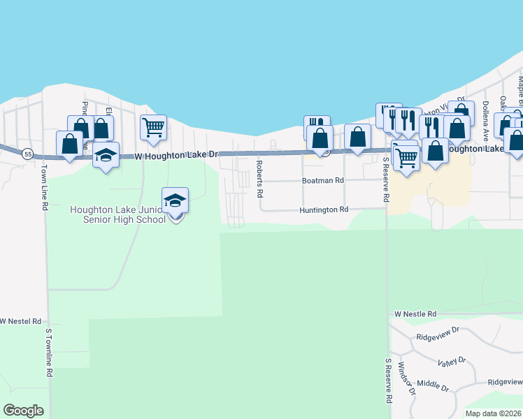 map of restaurants, bars, coffee shops, grocery stores, and more near 215 Roberts Road in Houghton Lake