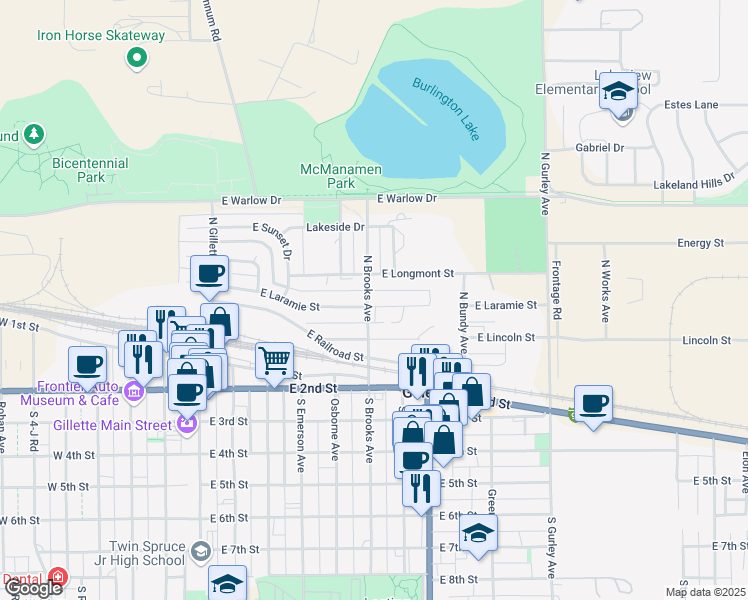 map of restaurants, bars, coffee shops, grocery stores, and more near 601 East Laramie Street in Gillette