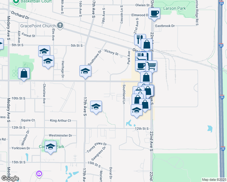 map of restaurants, bars, coffee shops, grocery stores, and more near 829 Park Avenue in Brookings