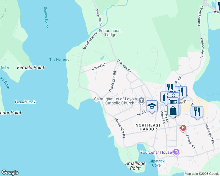 map of restaurants, bars, coffee shops, grocery stores, and more near 22 Tennis Club Road in Mount Desert