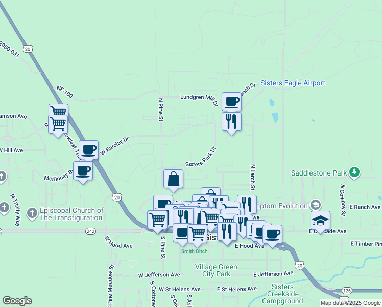map of restaurants, bars, coffee shops, grocery stores, and more near 597 Sisters Park Court in Sisters