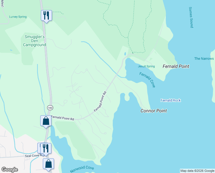 map of restaurants, bars, coffee shops, grocery stores, and more near 67 Fernald Point Road in Southwest Harbor