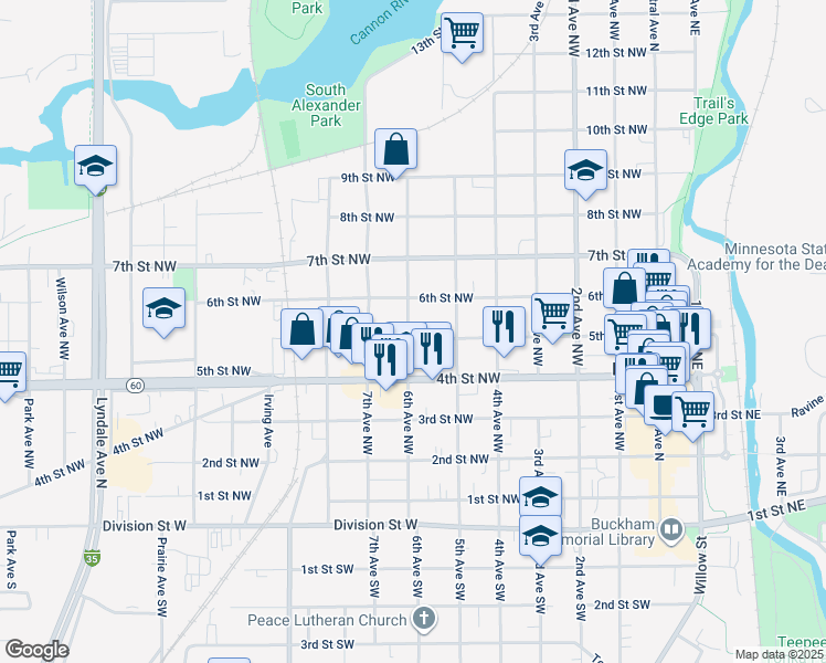 map of restaurants, bars, coffee shops, grocery stores, and more near 527 6th Street Northwest in Faribault