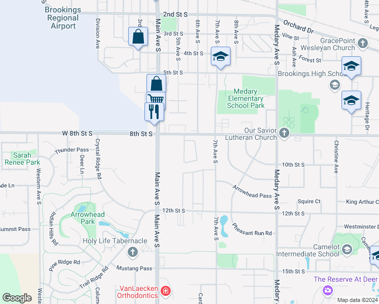 map of restaurants, bars, coffee shops, grocery stores, and more near 510 8th Street South in Brookings