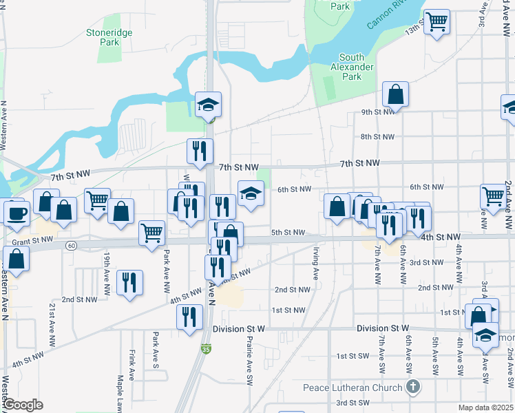 map of restaurants, bars, coffee shops, grocery stores, and more near 510 Lincoln Avenue Northwest in Faribault