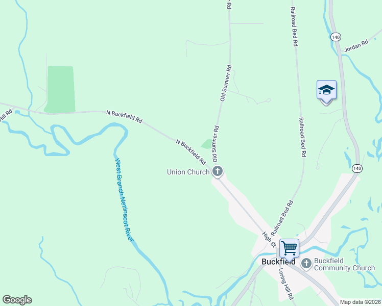 map of restaurants, bars, coffee shops, grocery stores, and more near 30 North Buckfield Road in Buckfield
