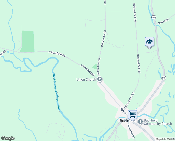 map of restaurants, bars, coffee shops, grocery stores, and more near 30 North Buckfield Road in Buckfield