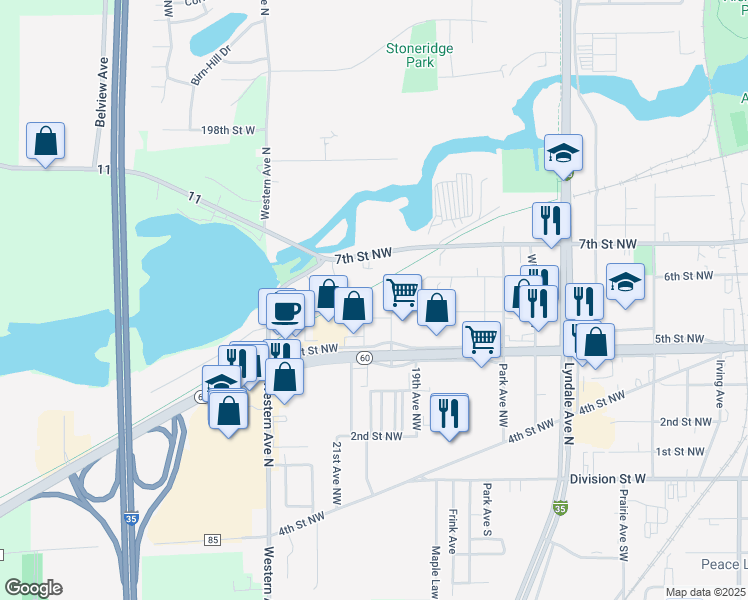 map of restaurants, bars, coffee shops, grocery stores, and more near 1810 5th Street Northwest in Faribault