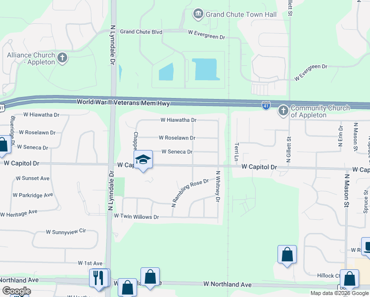 map of restaurants, bars, coffee shops, grocery stores, and more near 2221 West Roselawn Drive in Appleton