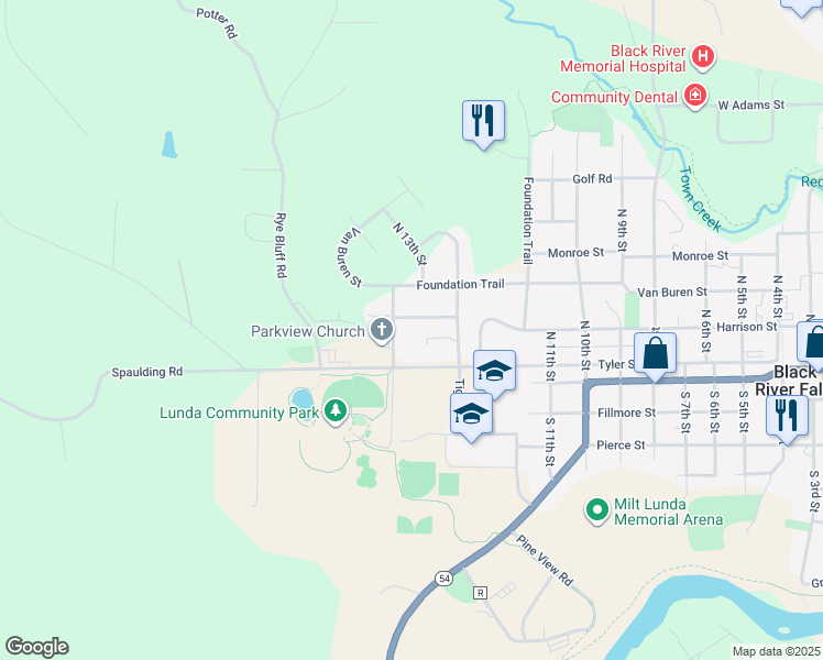 map of restaurants, bars, coffee shops, grocery stores, and more near 205 North 14th Street in Black River Falls