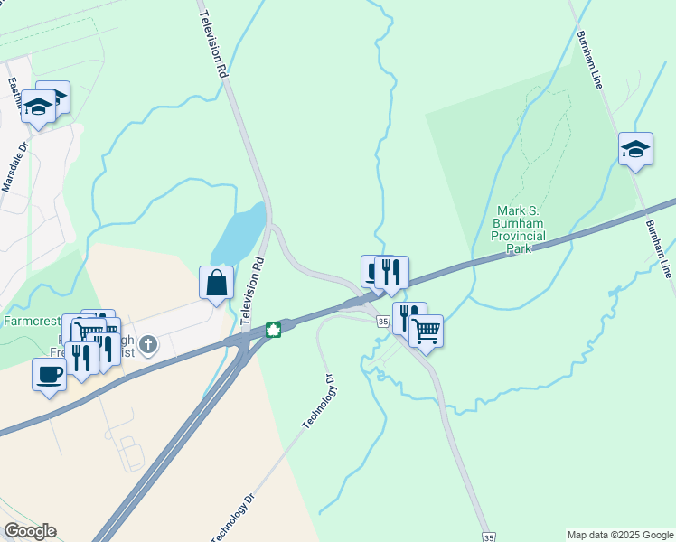map of restaurants, bars, coffee shops, grocery stores, and more near 2245 Keene Road in Peterborough