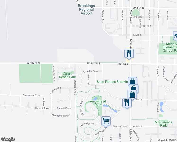 map of restaurants, bars, coffee shops, grocery stores, and more near 328 Thunder Pass in Brookings