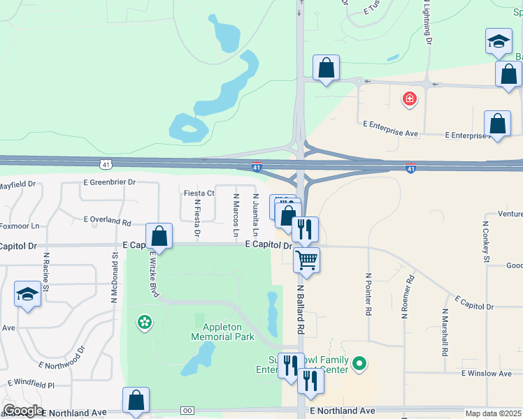 map of restaurants, bars, coffee shops, grocery stores, and more near 3521 Commerce Court in Appleton