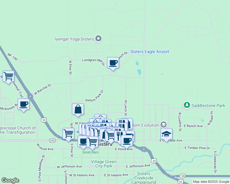 map of restaurants, bars, coffee shops, grocery stores, and more near 581 North Larch Street in Sisters