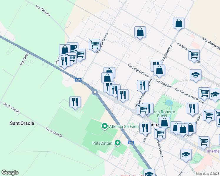 map of restaurants, bars, coffee shops, grocery stores, and more near 6 Via Galileo Galilei in Faenza