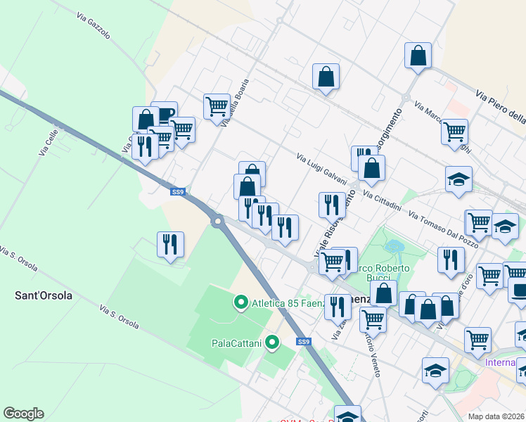 map of restaurants, bars, coffee shops, grocery stores, and more near 6 Via Galileo Galilei in Faenza