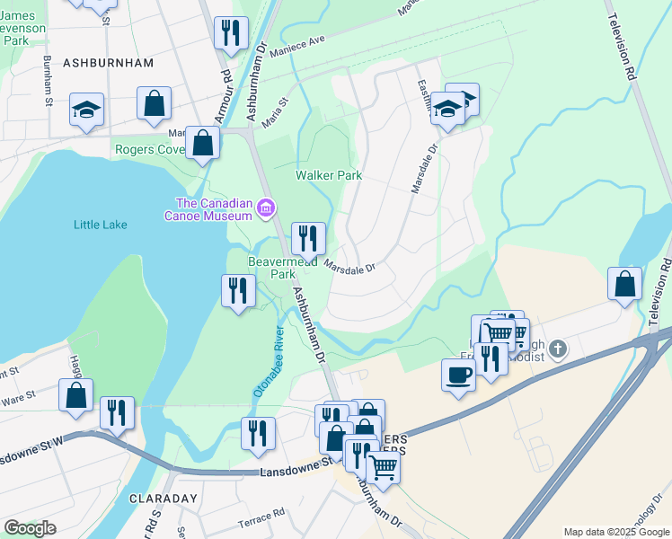 map of restaurants, bars, coffee shops, grocery stores, and more near 2711 Farmcrest Ave in Peterborough