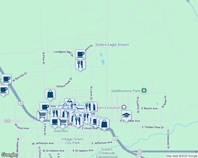 map of restaurants, bars, coffee shops, grocery stores, and more near 411 East Carpenter Lane in Sisters
