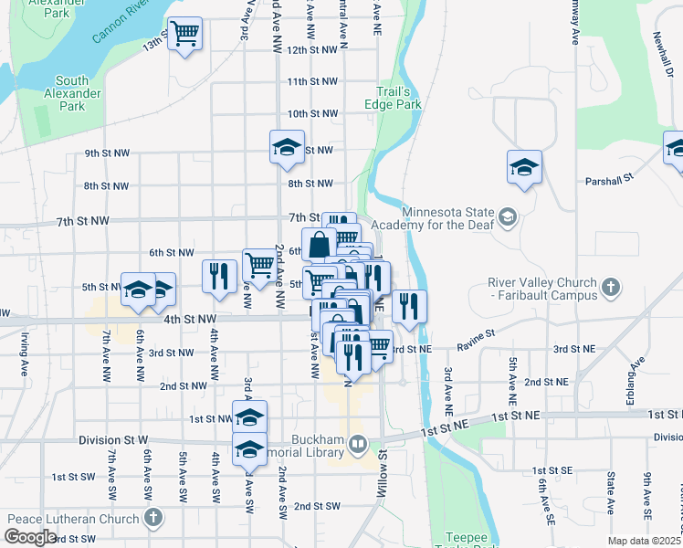 map of restaurants, bars, coffee shops, grocery stores, and more near 514 Central Avenue North in Faribault