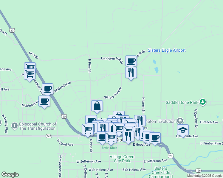 map of restaurants, bars, coffee shops, grocery stores, and more near 597 Sisters Park Court in Sisters
