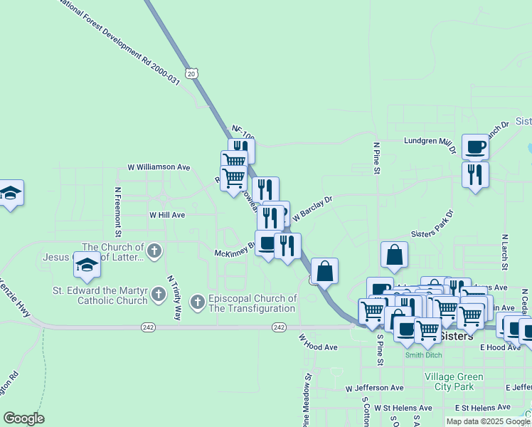 map of restaurants, bars, coffee shops, grocery stores, and more near 620 North Arrowleaf Trail in Sisters