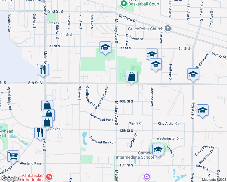 map of restaurants, bars, coffee shops, grocery stores, and more near 816 Medary Avenue South in Brookings