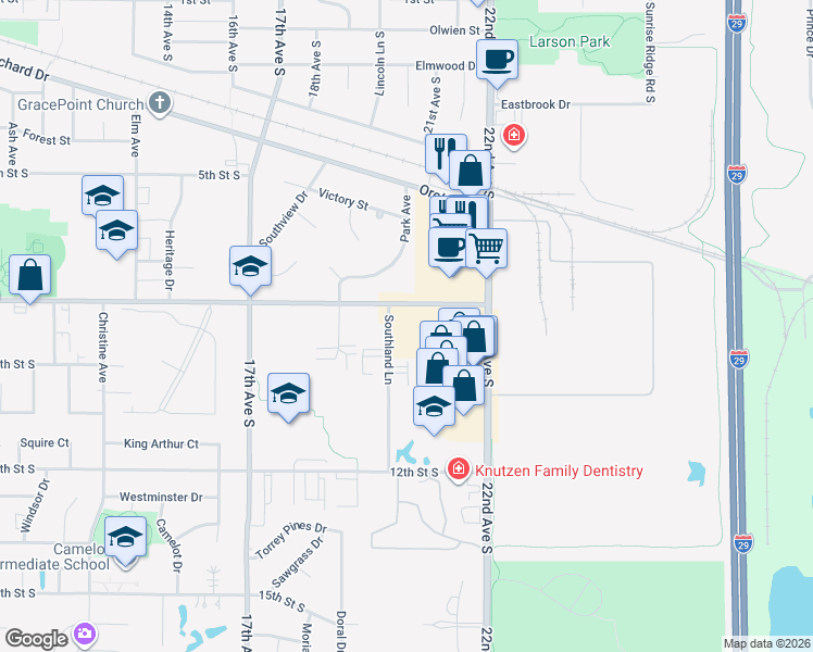 map of restaurants, bars, coffee shops, grocery stores, and more near 2020 8th Street South in Brookings