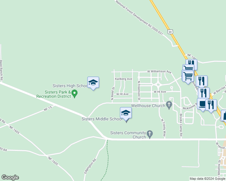 map of restaurants, bars, coffee shops, grocery stores, and more near 621 North Reed Street in Sisters