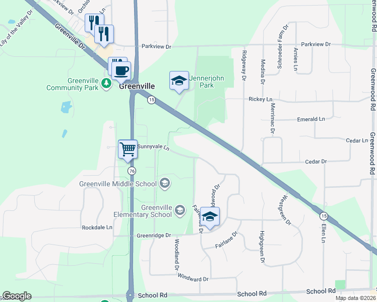 map of restaurants, bars, coffee shops, grocery stores, and more near W6792 Sunnyvale Lane in Greenville