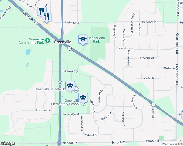 map of restaurants, bars, coffee shops, grocery stores, and more near W6792 Sunnyvale Lane in Greenville