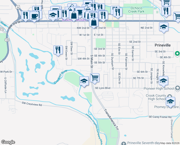 map of restaurants, bars, coffee shops, grocery stores, and more near 635 South Main Street in Prineville